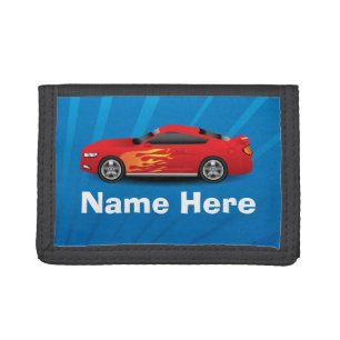 Bright Blue with Red Sports Car Flames Kids Boys Tri-fold Wallet