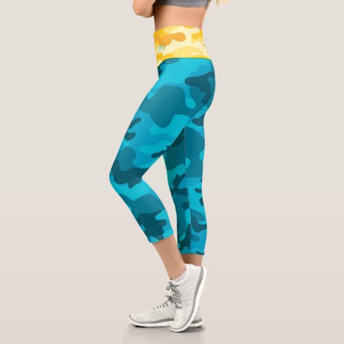 Bright Blue Yellow Camo Designer Initials Capri Leggings