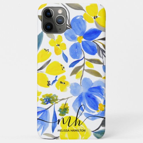 Bright blue yellow floral watercolor monogram iPhone 11 pro max case