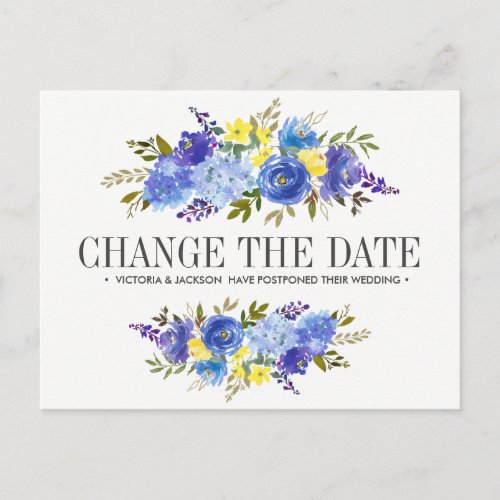 Bright Blue Yellow Flowers WEDDING CHANGE THE DATE Announcement Postcard