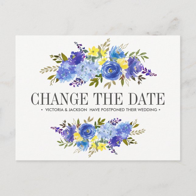 Bright Blue Yellow Flowers WEDDING CHANGE THE DATE Announcement Postcard (Front)