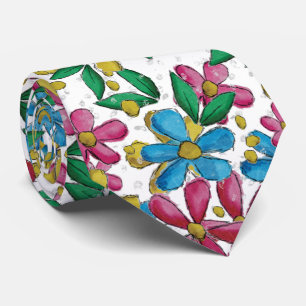 Bright Blue Yellow Hot Pink Summer Floral Pattern Neck Tie