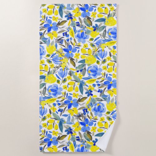 Bright blue yellow loose floral watercolor pattern beach towel