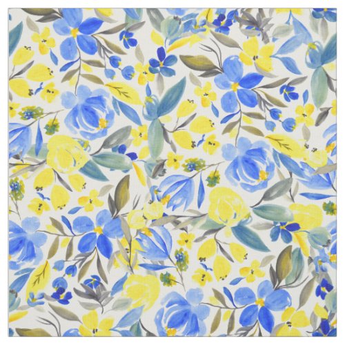 Bright blue yellow pretty flowers watercolor fabric