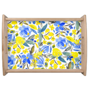 Bright blue yellow summer floral watercolor serving tray