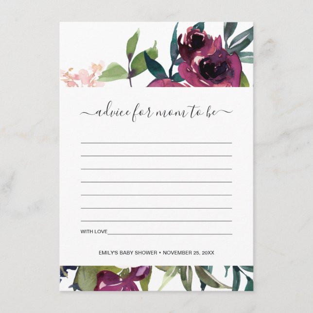 BRIGHT BLUSH BURGUNDY FLORAL ADVICE BABY SHOWER ENCLOSURE CARD (Front)