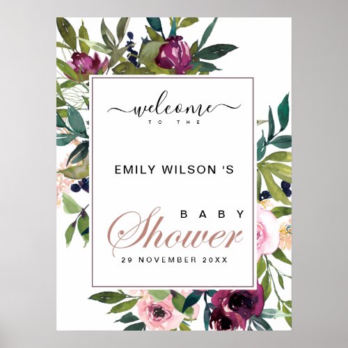 BRIGHT BLUSH BURGUNDY FLORAL BABY SHOWER WELCOME POSTER