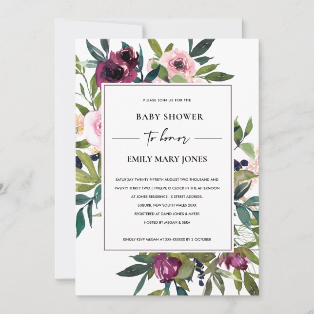 BRIGHT BLUSH BURGUNDY FLORAL BUNCH BABY SHOWER INVITATION (Front)