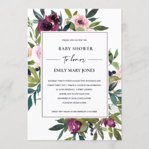BRIGHT BLUSH BURGUNDY FLORAL BUNCH BABY SHOWER INVITATION