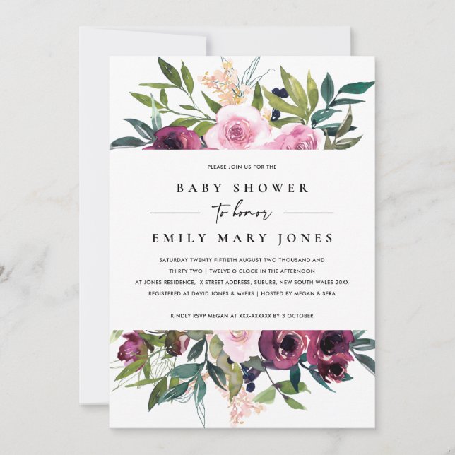 BRIGHT BLUSH BURGUNDY FLORAL BUNCH BABY SHOWER INVITATION (Front)