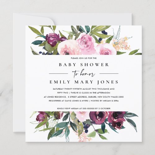 BRIGHT BLUSH BURGUNDY FLORAL BUNCH BABY SHOWER INVITATION