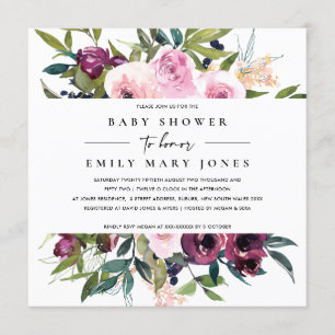 BRIGHT BLUSH BURGUNDY FLORAL BUNCH BABY SHOWER INVITATION