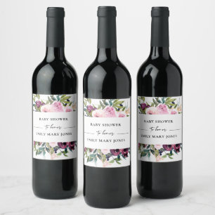 BRIGHT BLUSH BURGUNDY FLORAL BUNCH BABY SHOWER WINE LABEL
