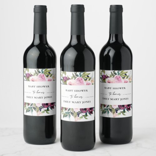 BRIGHT BLUSH BURGUNDY FLORAL BUNCH BABY SHOWER WINE LABEL