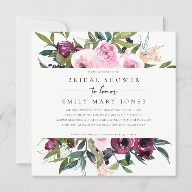 BRIGHT BLUSH BURGUNDY FLORAL BUNCH BRIDAL SHOWER INVITATION