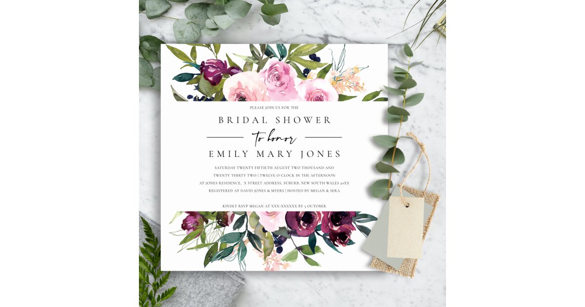 BRIGHT BLUSH BURGUNDY FLORAL BUNCH BRIDAL SHOWER INVITATION