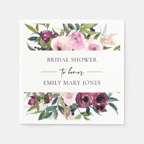 BRIGHT BLUSH BURGUNDY FLORAL BUNCH BRIDAL SHOWER NAPKINS