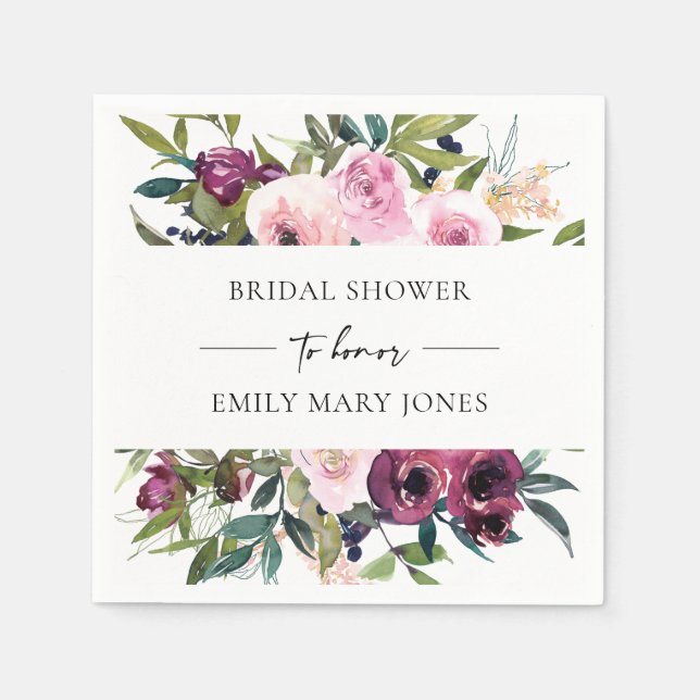 BRIGHT BLUSH BURGUNDY FLORAL BUNCH BRIDAL SHOWER NAPKINS (Front)