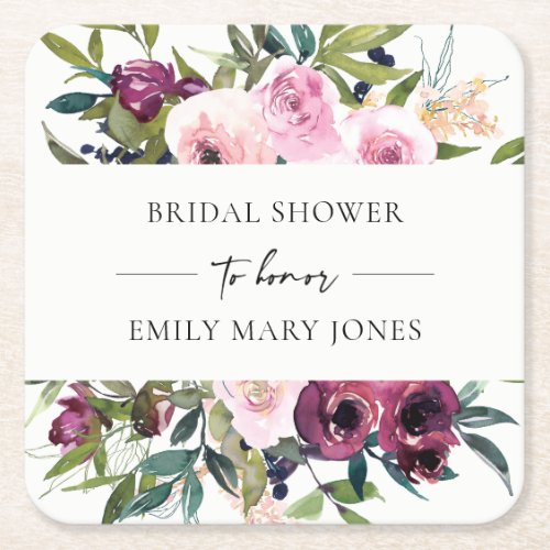 BRIGHT BLUSH BURGUNDY FLORAL BUNCH BRIDAL SHOWER SQUARE PAPER COASTER