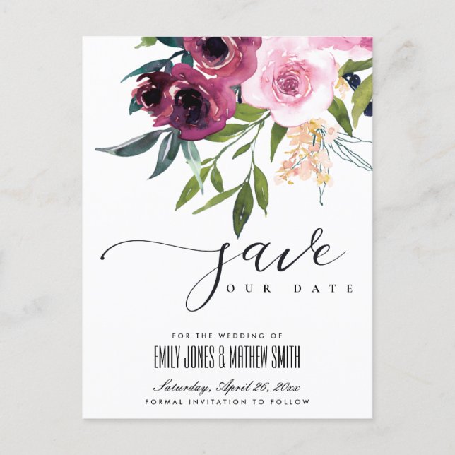 BRIGHT BLUSH BURGUNDY FLORAL BUNCH SAVE THE DATE ANNOUNCEMENT POSTCARD (Front)