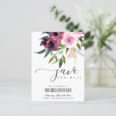 BRIGHT BLUSH BURGUNDY FLORAL BUNCH SAVE THE DATE ANNOUNCEMENT POSTCARD (Standing Front)