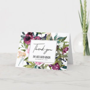 BRIGHT BLUSH BURGUNDY FLORAL BUNCH WEDDING LETTERPRESS THANK YOU CARD