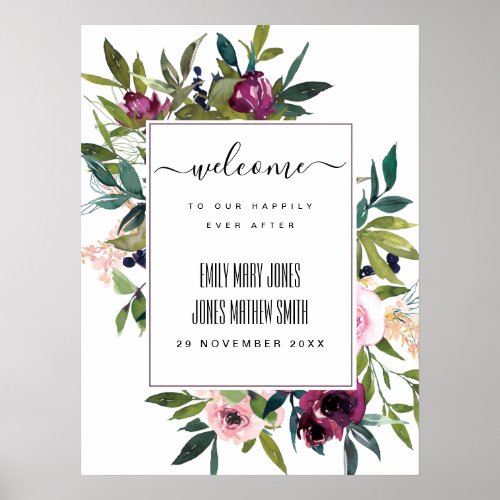 BRIGHT BLUSH BURGUNDY FLORAL BUNCH WEDDING WELCOME POSTER