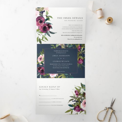 BRIGHT BLUSH BURGUNDY GREEN  FLORAL BUNCH WEDDING Tri_Fold INVITATION