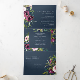 BRIGHT BLUSH BURGUNDY NAVY FLORAL BUNCH WEDDING Tri-Fold INVITATION