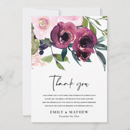 BRIGHT BLUSH BURGUNDY WATERCOLOR FLORAL BUNCH THANK YOU CARD