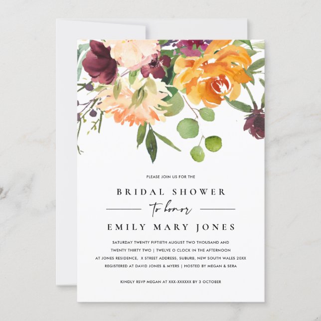BRIGHT BLUSH YELLOW ORANGE FLORAL BRIDAL SHOWER INVITATION