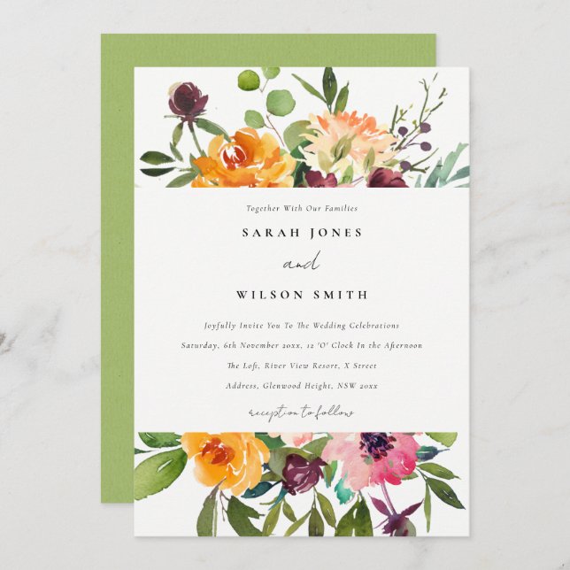BRIGHT BLUSH YELLOW ORANGE FLORAL BUNCH WEDDING INVITATION (Front/Back)