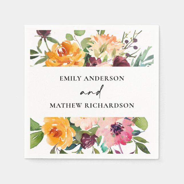 BRIGHT BLUSH YELLOW ORANGE FLORAL BUNCH WEDDING NAPKINS (Front)