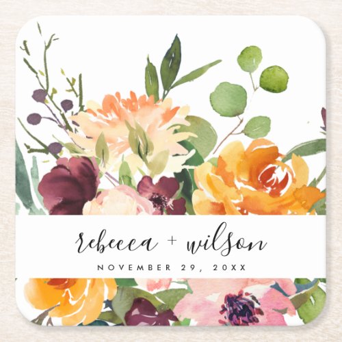 BRIGHT BLUSH YELLOW ORANGE FLORAL BUNCH WEDDING SQUARE PAPER COASTER