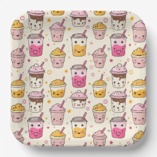 Bright Boba Tea Pattern Paper Plates