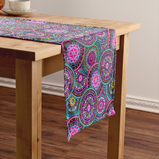 Bright Bohemian Boho Hippy Chic Pattern Short Table Runner (In Situ)