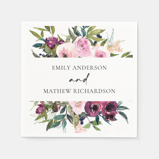 BRIGHT BOHO BLUSH BURGUNDY FLORAL BUNCH WEDDING NAPKINS (Front)