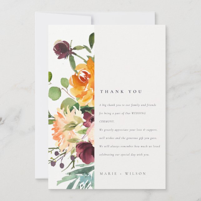 Bright Boho Blush Yellow Orange Floral Wedding Thank You Card (Front)