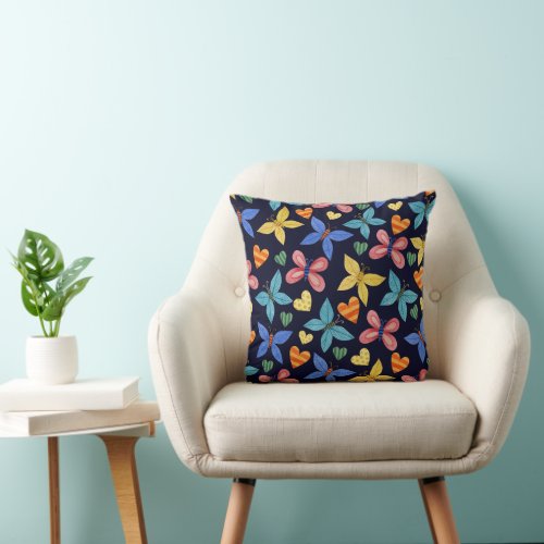 Bright Boho Butterfly Pattern on Navy Blue Throw Pillow
