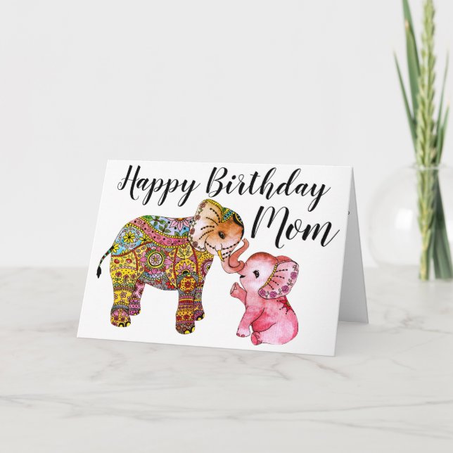 Bright Boho Elephants Happy Birthday Mom Card (Front)