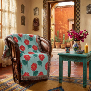 Bright Boho Floral Throw Blanket with Red Daisies