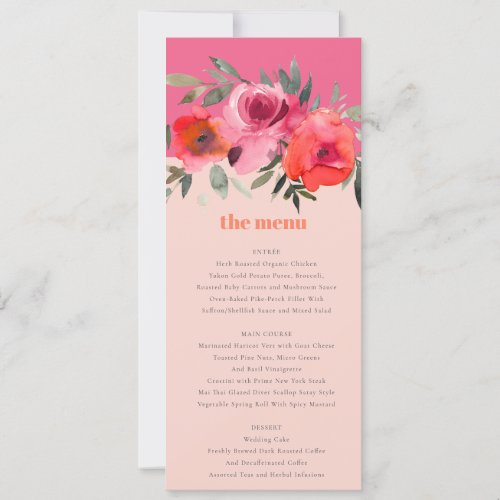 Bright Boho Hot Pink Floral Wedding Menu Card