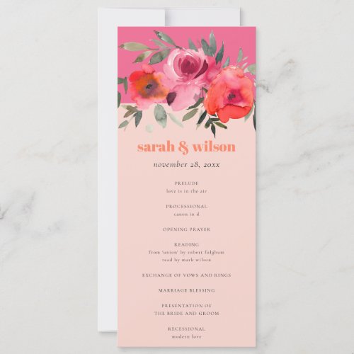 Bright Boho Hot Pink Floral Wedding Program