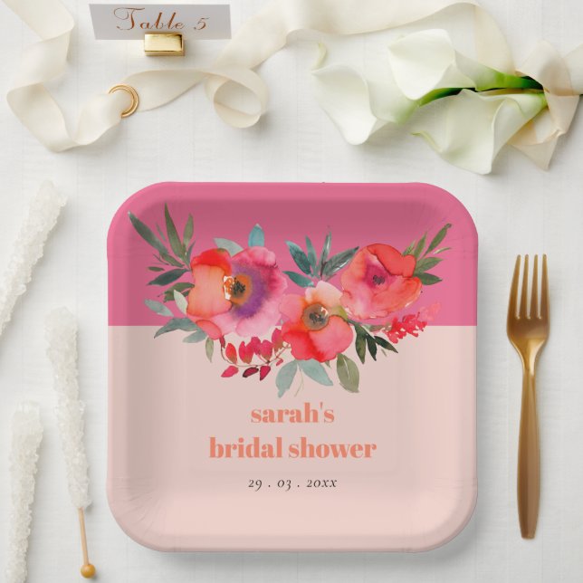 Bright Boho Hot Pink Orange Floral Bridal Shower Paper Plates (Wedding)
