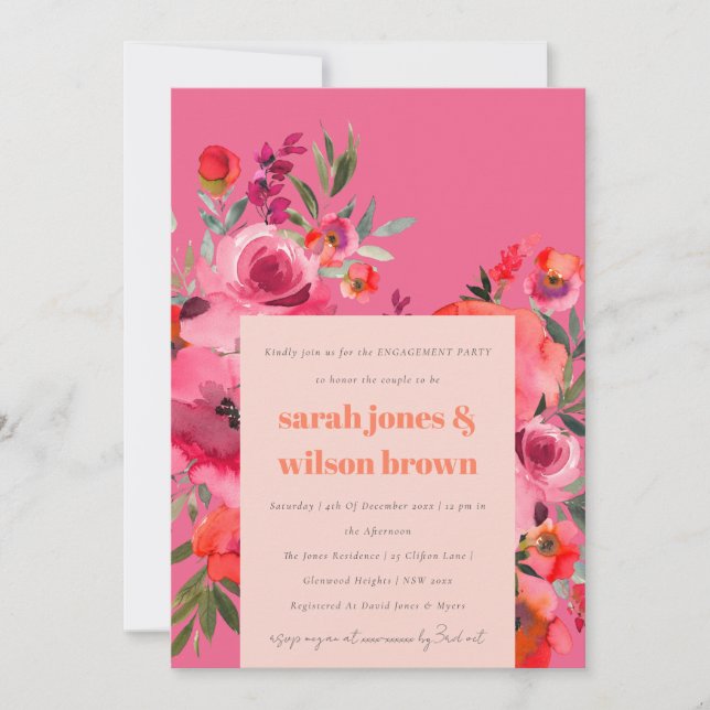 Bright Boho Hot Pink Watercolor Floral Engagement Invitation (Front)