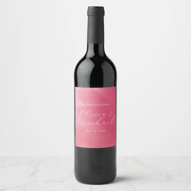 Bright Boho Pink Ombre Cursive Name Wedding Wine Label (Front)