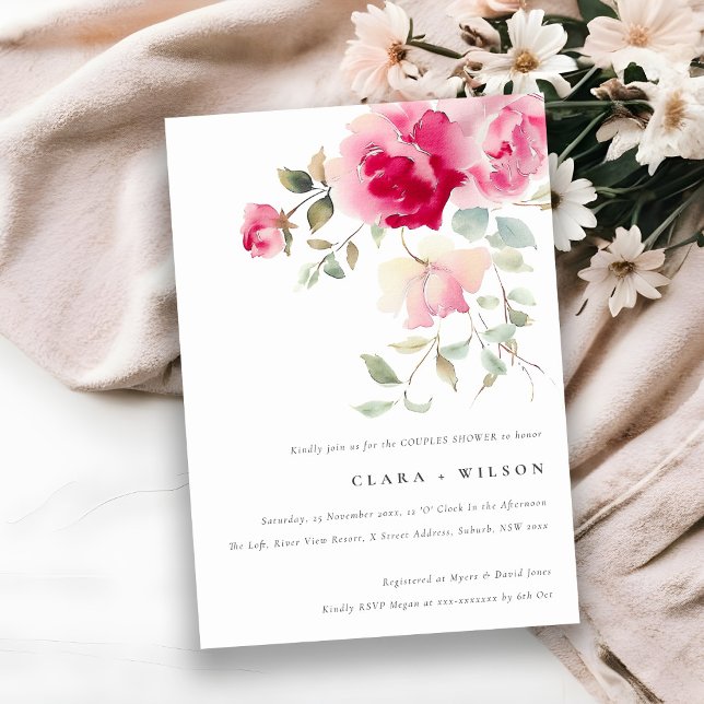 Bright Boho Red Pink Rose Floral Couples Shower Invitation (Creator Uploaded)