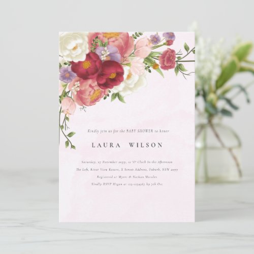 Bright Boho Red Pink white Flowers Baby Shower  Invitation