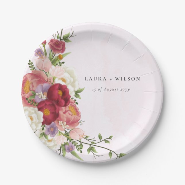 Bright Boho Red Pink white Flowers Wedding Paper Plates (Front)