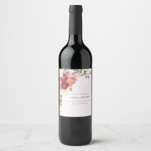 Bright Boho Red Pink white Flowers Wedding Wine Label